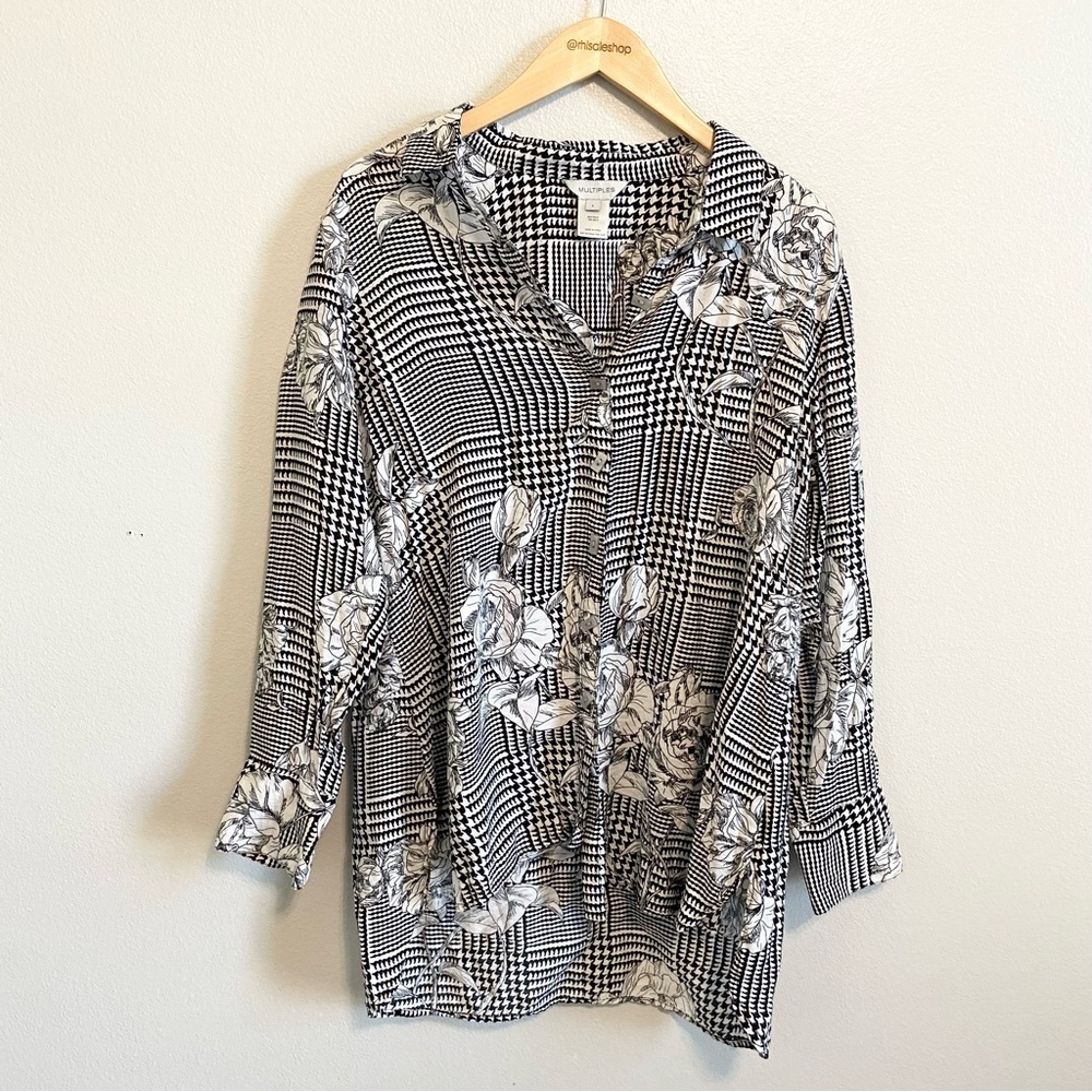Multiples Black and White Floral Houndstooth Art to Wear Tunic Top Size Large